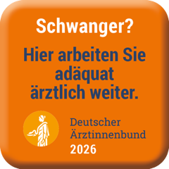 Mutterschutzsiegel 2026 Oranger Button mit der Aufschrift: "Schwanger? Hier arbeiten Sie adäquat ärztlich weiter"
